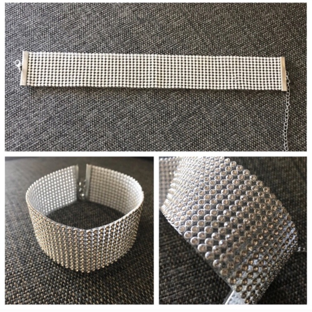 Disco 12 Row White Rhinestone Soft-Mesh Adjustable Choker - Picture 15 of 17